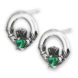 Claddagh Stud Earring with Synthetic Emerald