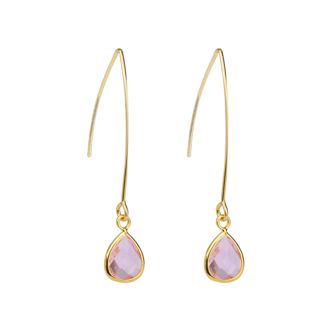 Pink Crystal Drop Earrings - Gold